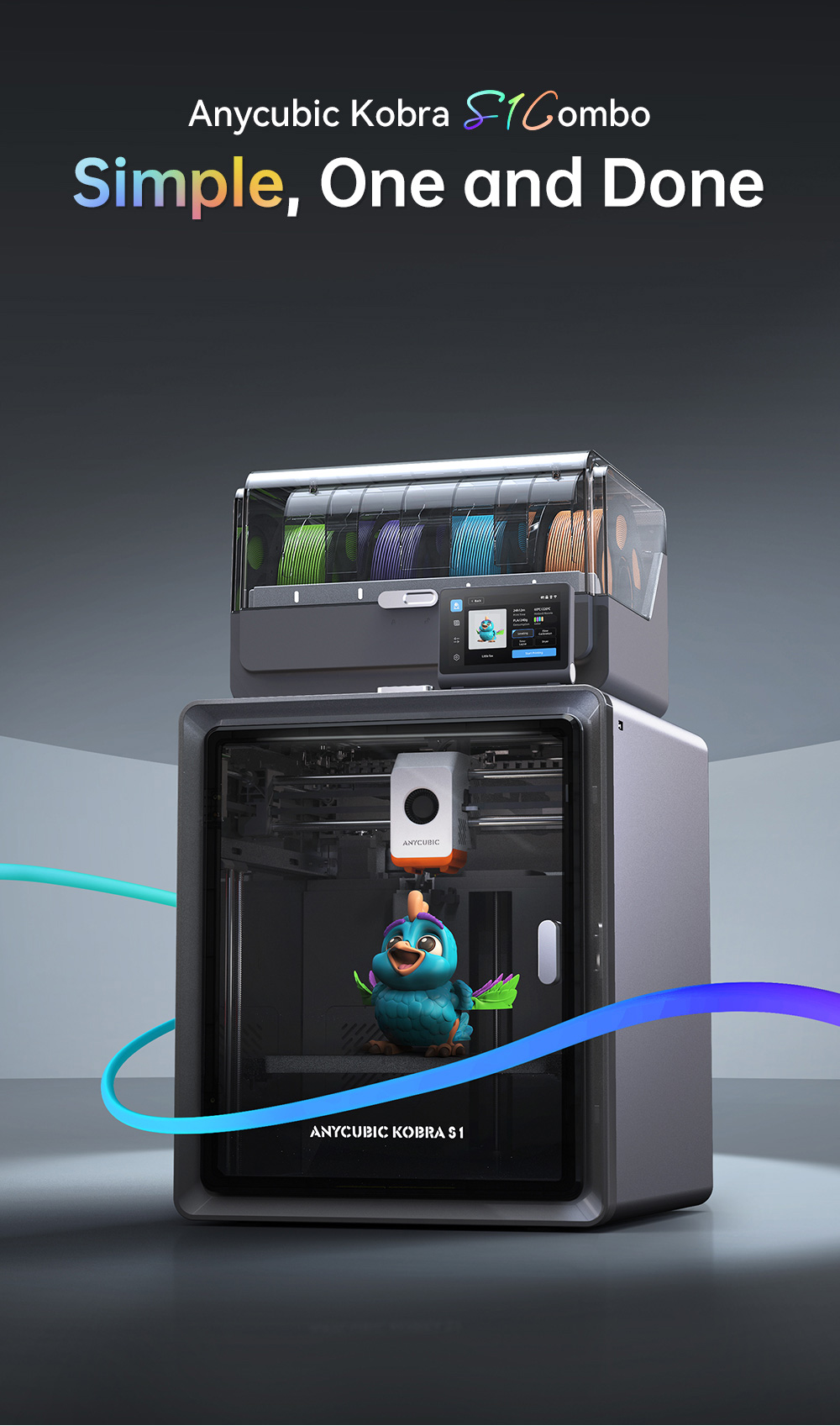 Refurbished Anycubic Kobra S1 Combo 3D Printer, Vibrant 8-Color Printing, 600mm/s Ultra-Fast Speed, Auto-leveling, 320°C Hotend, 44dB Ultra-Quiet, CoreXY Construction, 250*250*250mm