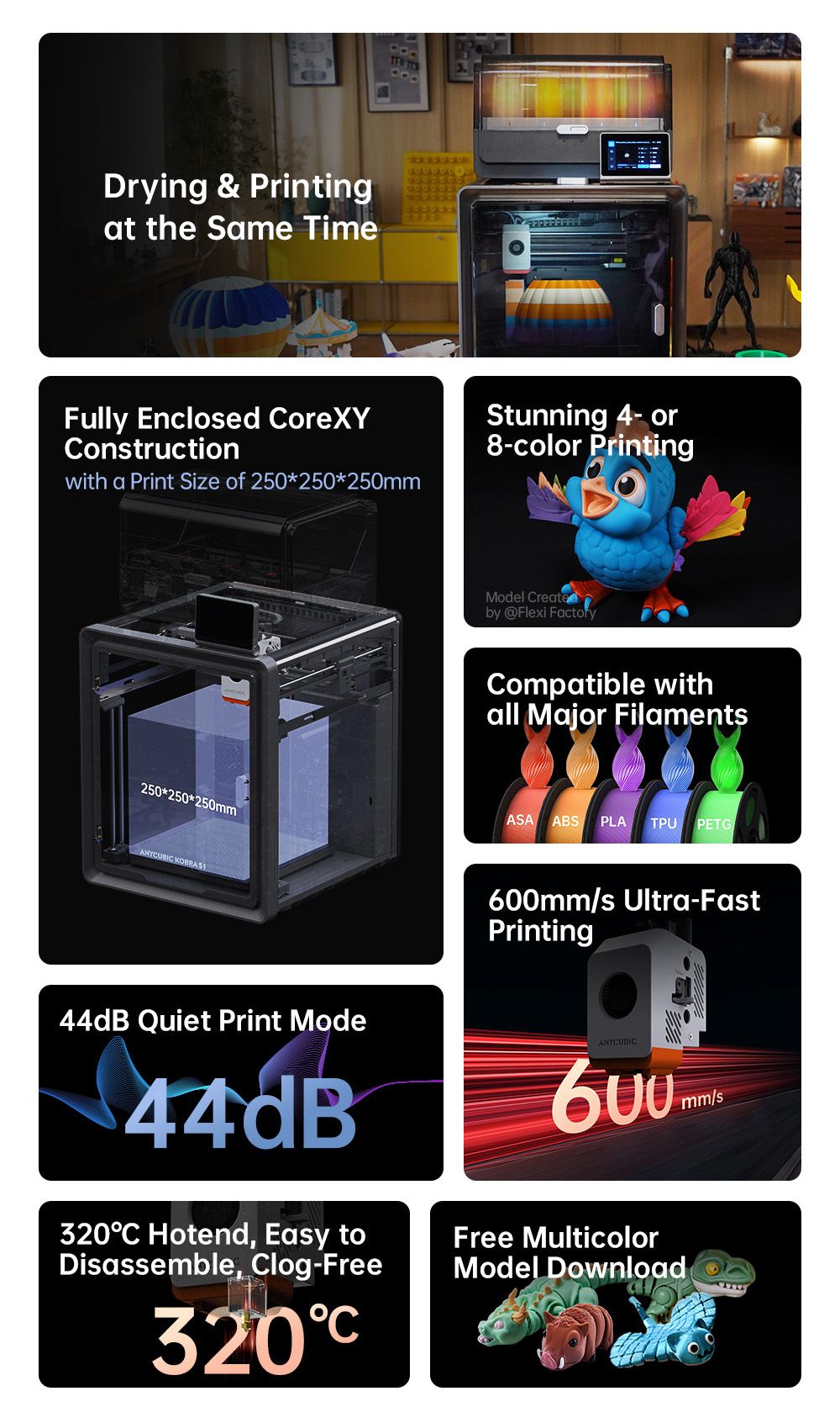 Refurbished Anycubic Kobra S1 Combo 3D Printer, Vibrant 8-Color Printing, 600mm/s Ultra-Fast Speed, Auto-leveling, 320°C Hotend, 44dB Ultra-Quiet, CoreXY Construction, 250*250*250mm