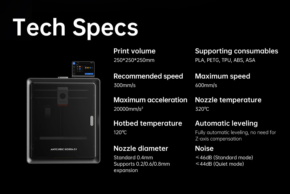 Refurbished Anycubic Kobra S1 Combo 3D Printer, Vibrant 8-Color Printing, 600mm/s Ultra-Fast Speed, Auto-leveling, 320°C Hotend, 44dB Ultra-Quiet, CoreXY Construction, 250*250*250mm