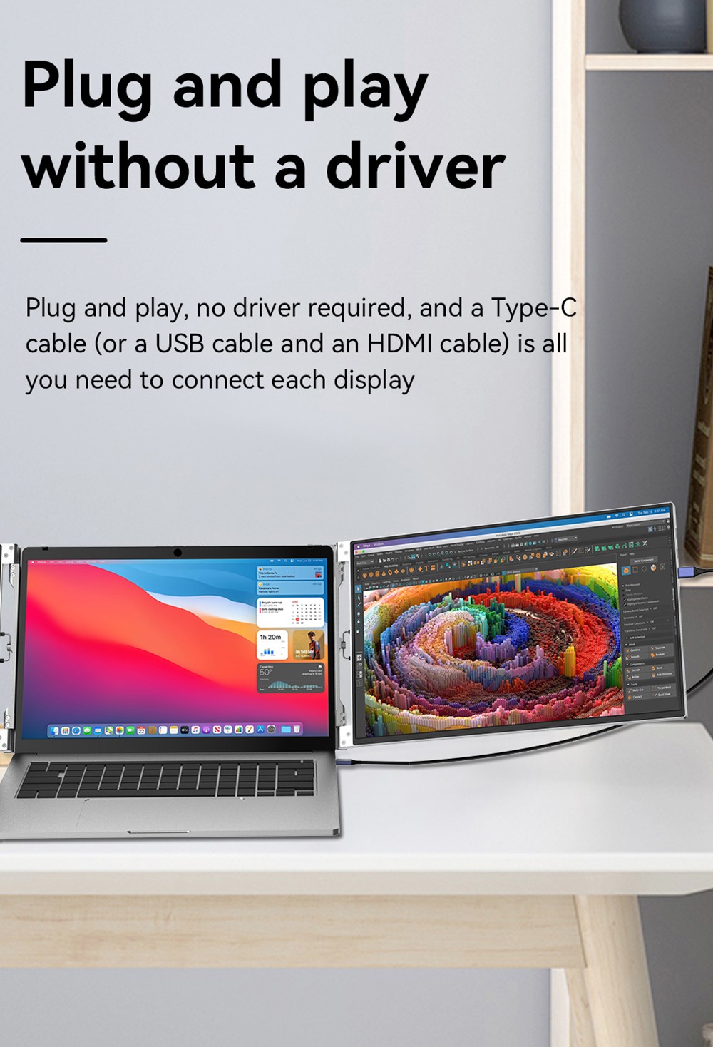 AOSIMAN S140FPC-1 Laptop Screen Extender, 14 inch 1920*1200 Dual Screen Portable Monitor for 13.3-15.6 inch Laptop, 60Hz Refresh Rate, Plug and Play, 2*Mini HDMI, 4*Type-C