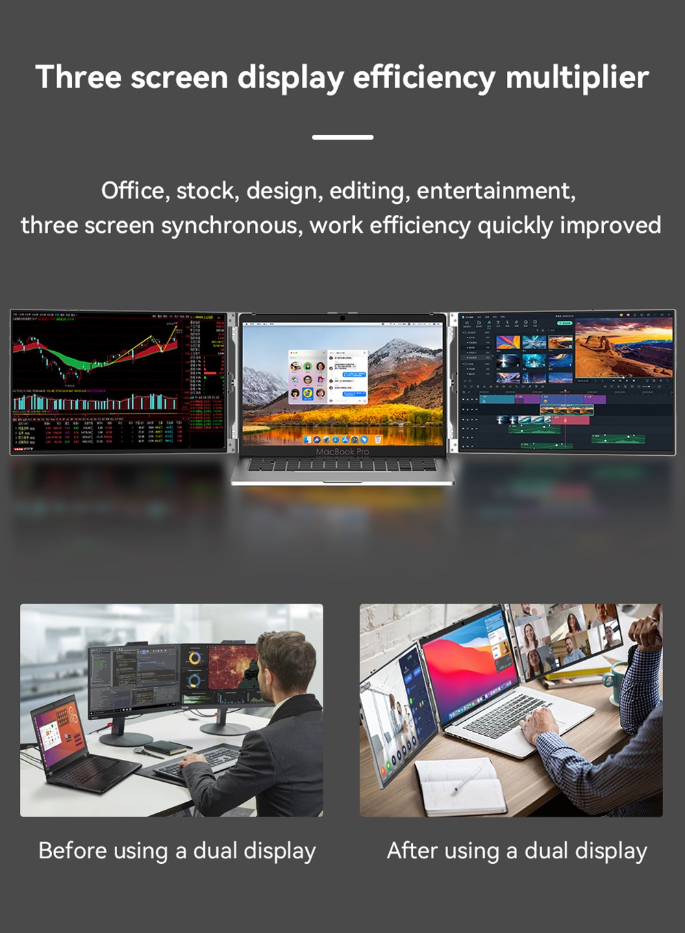 AOSIMAN S140FPC-1 Laptop Screen Extender, 14 inch 1920*1200 Dual Screen Portable Monitor for 13.3-15.6 inch Laptop, 60Hz Refresh Rate, Plug and Play, 2*Mini HDMI, 4*Type-C