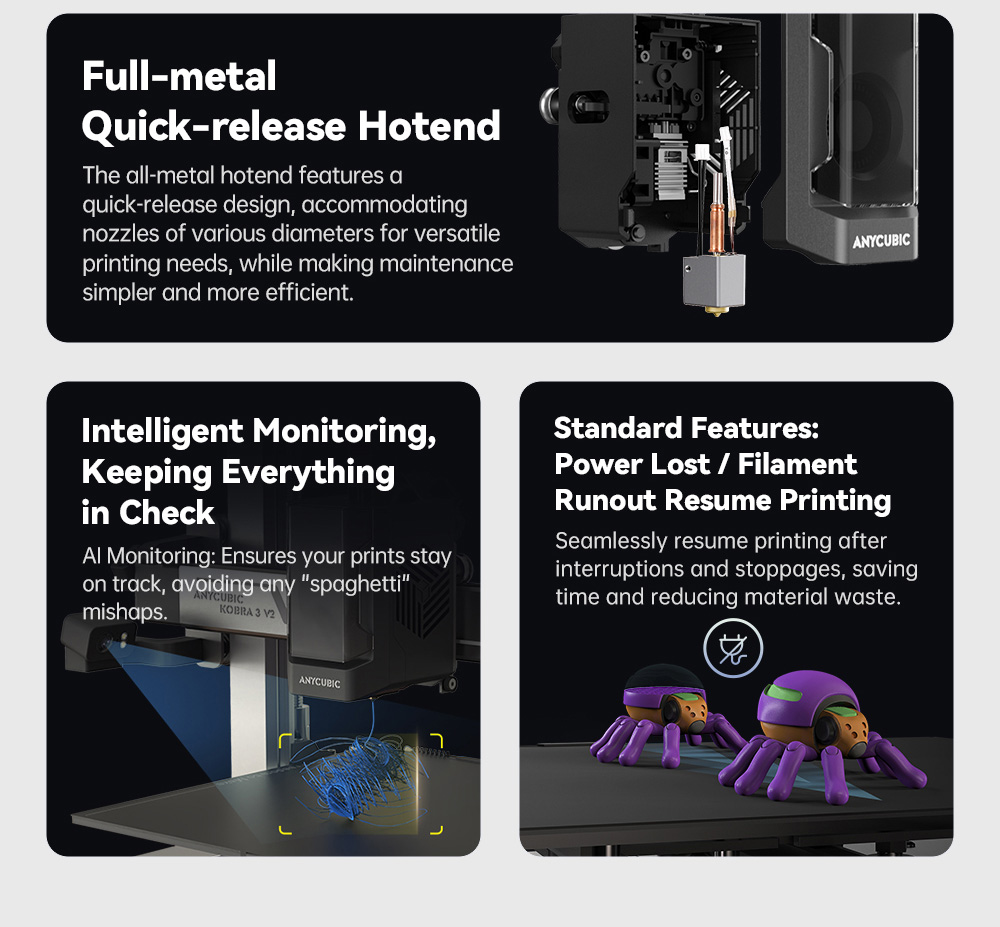 Anycubic Kobra 3 V2 Combo 3D Printer, ACE Pro Multicolor, 720P Camera, 600mm/s Speed, Auto Leveling, Filament Drying, 255*255*260mm