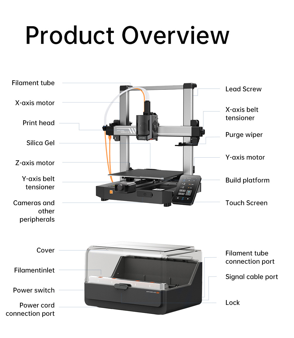 Anycubic Kobra 3 V2 Combo 3D Printer, ACE Pro Multicolor, 720P Camera, 600mm/s Speed, Auto Leveling, Filament Drying, 255*255*260mm