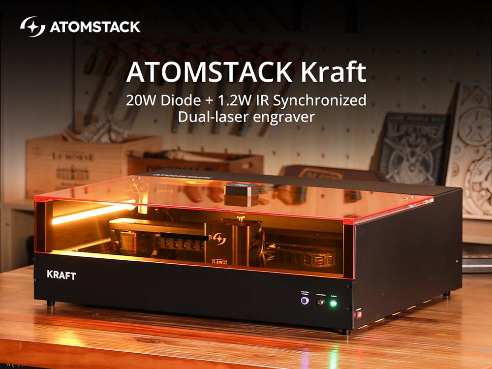 AtomStack Kraft Dual-laser Engraver 20W Diode + 1.2W IR, 16MP Camera, Class-1 Safety, 500*320mm