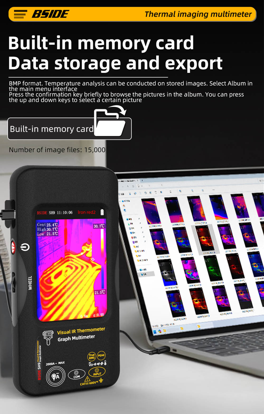 BSIDE SH9 Thermal Imager Multimeter, 320×428 IR Camera, 3.98-inch Touchscreen, Rechargeable 2500mAh Battery, with Macro Lens & Rogowski Coil