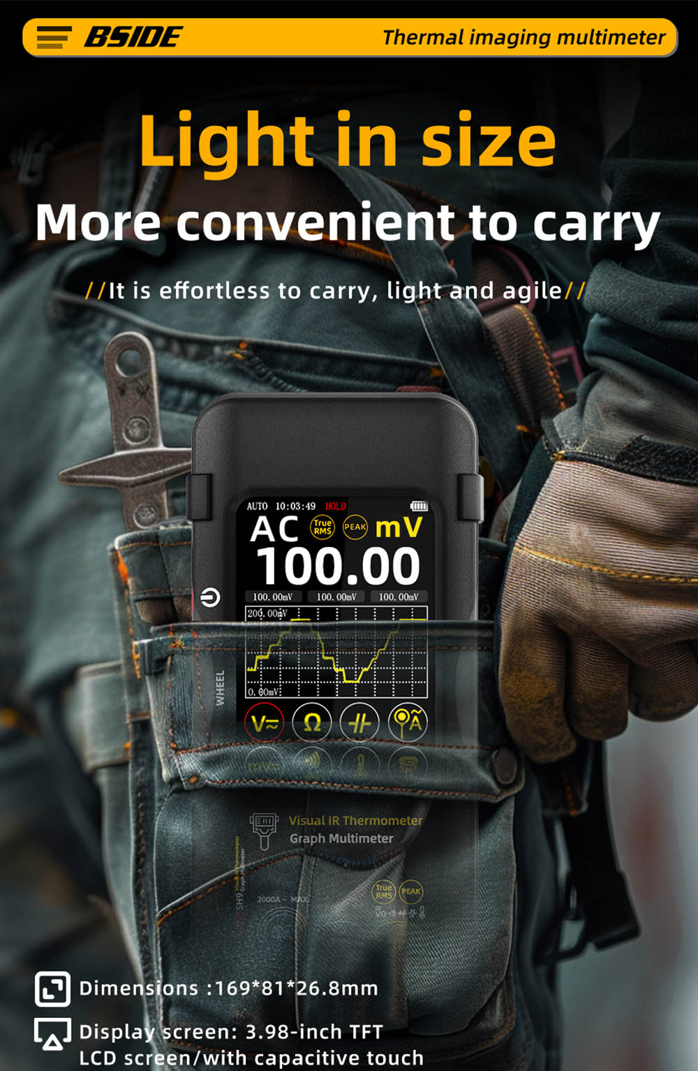 BSIDE SH9 Thermal Imager Multimeter, 320×428 IR Camera, 3.98-inch Touchscreen, Rechargeable 2500mAh Battery, with Macro Lens & Rogowski Coil