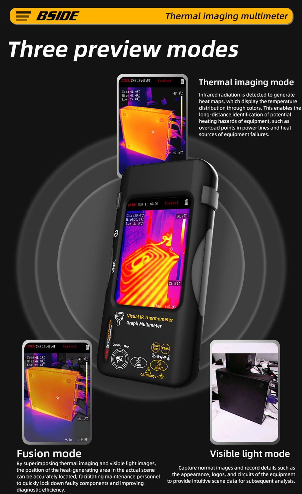 BSIDE SH9 Thermal Imager Multimeter, 320×428 IR Camera, 3.98-inch Touchscreen, Rechargeable 2500mAh Battery, with Macro Lens & Rogowski Coil