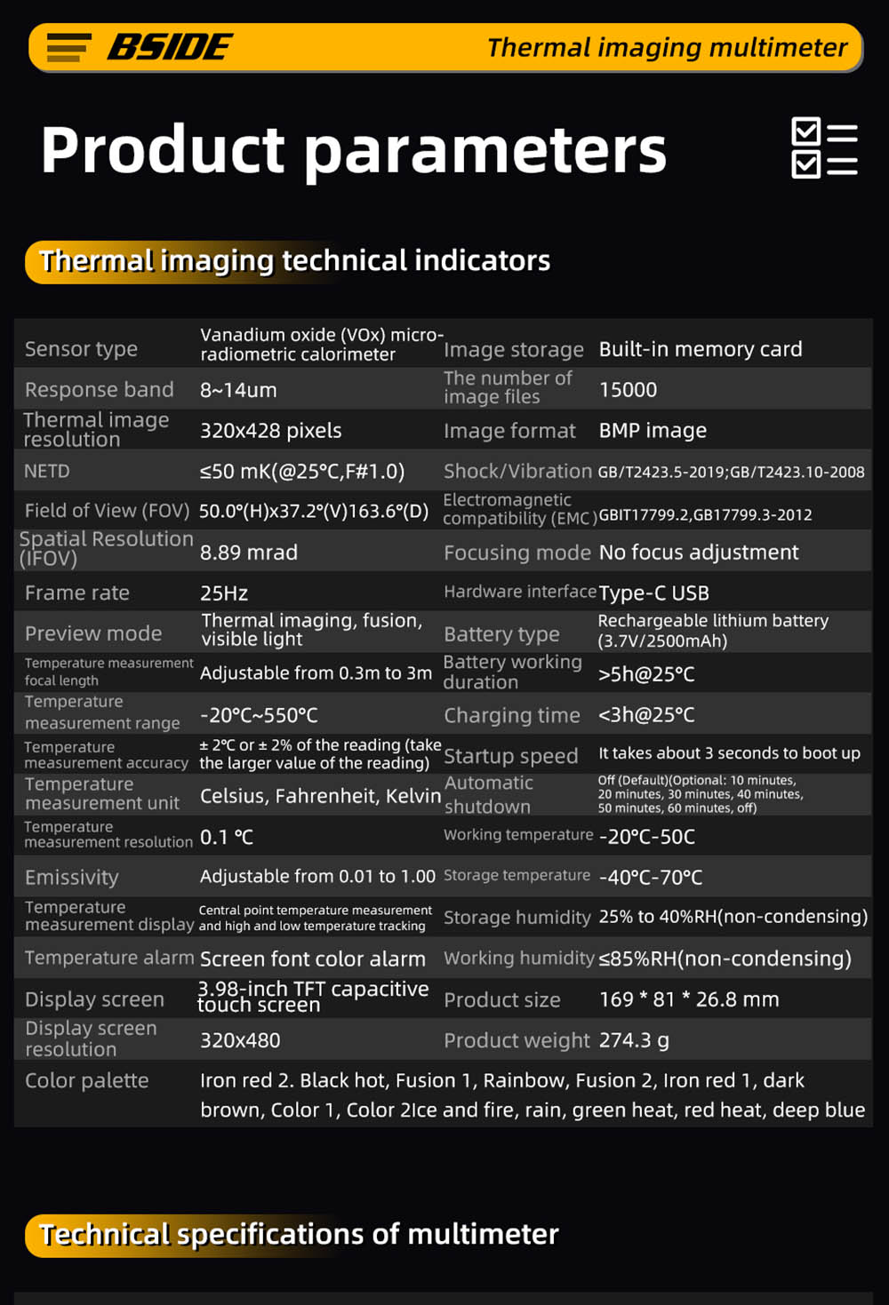 BSIDE SH9 Thermal Imager Multimeter, 320×428 IR Camera, 3.98-inch Touchscreen, Rechargeable 2500mAh Battery, with Macro Lens & Rogowski Coil