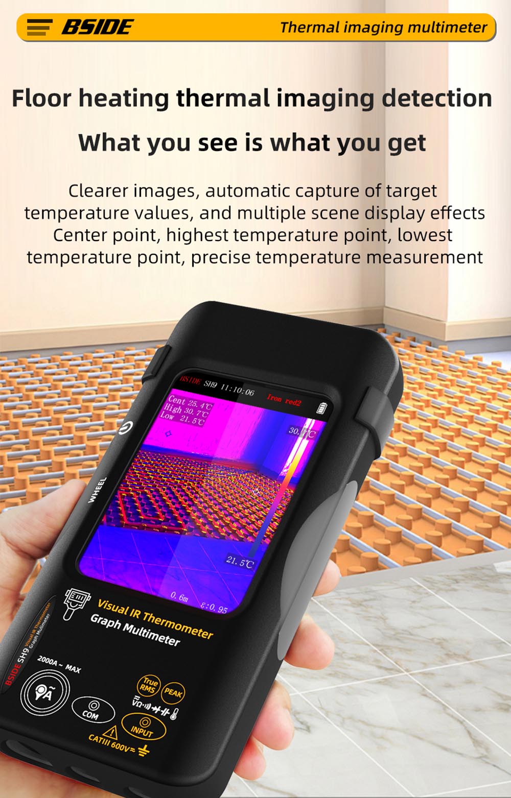 BSIDE SH9 Thermal Imager Multimeter, 320×428 IR Camera, 3.98-inch Touchscreen, Rechargeable 2500mAh Battery, with Macro Lens