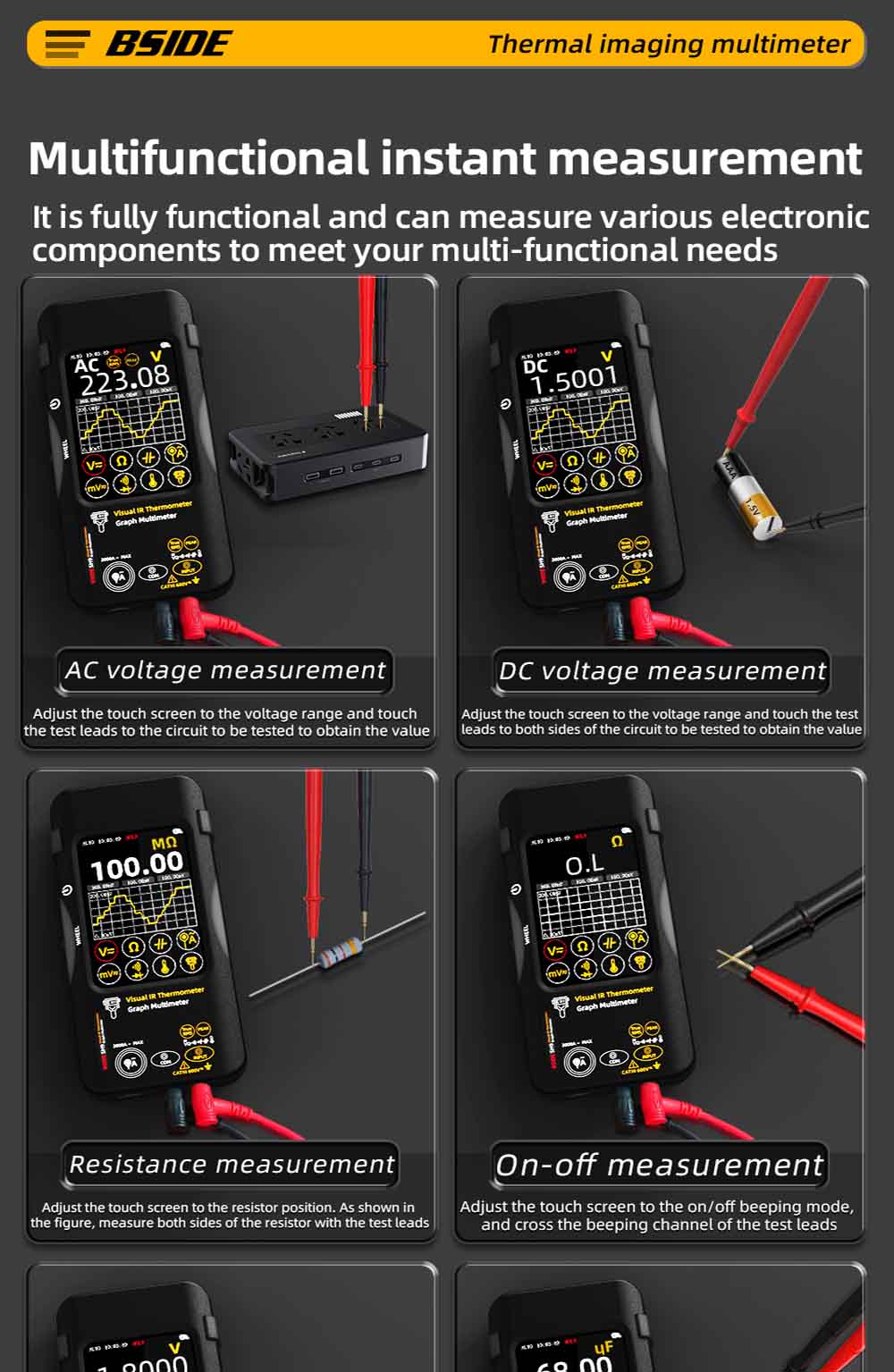BSIDE SH9 Thermal Imager Multimeter, 320×428 IR Camera, 3.98-inch Touchscreen, Rechargeable 2500mAh Battery, with Macro Lens