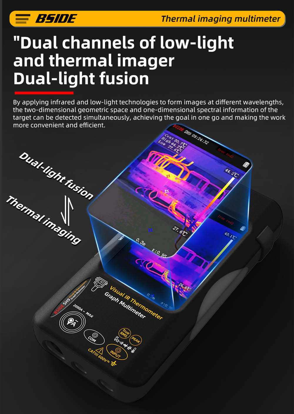 BSIDE SH9 Thermal Imager Multimeter, 320×428 IR Camera, 3.98-inch Touchscreen, Rechargeable 2500mAh Battery, with Macro Lens