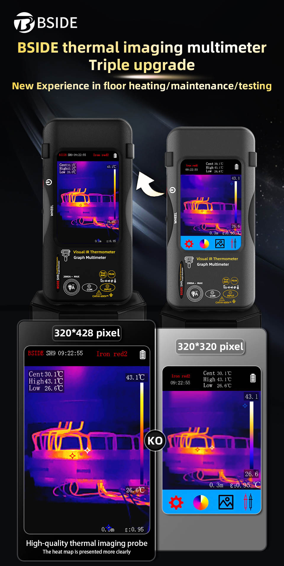 BSIDE SH9 Thermal Imager Multimeter, 320×428 IR Camera, 3.98-inch Touchscreen, Rechargeable 2500mAh Battery, with Macro Lens