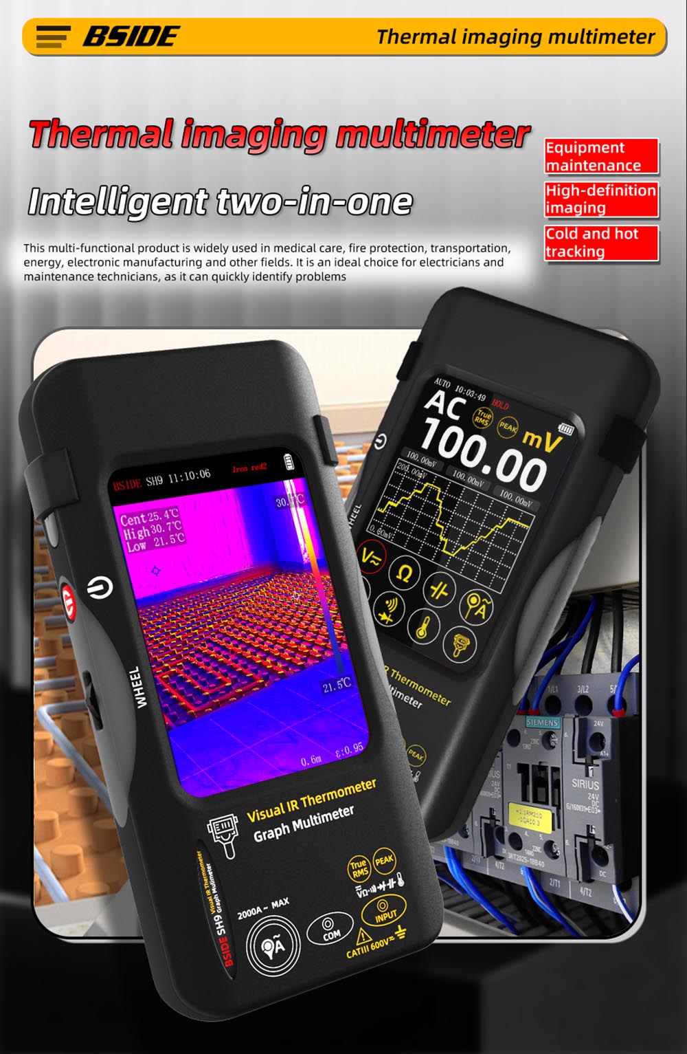 BSIDE SH9 Thermal Imager Multimeter, 320×428 IR Camera, 3.98-inch Touchscreen, Rechargeable 2500mAh Battery, with Macro Lens