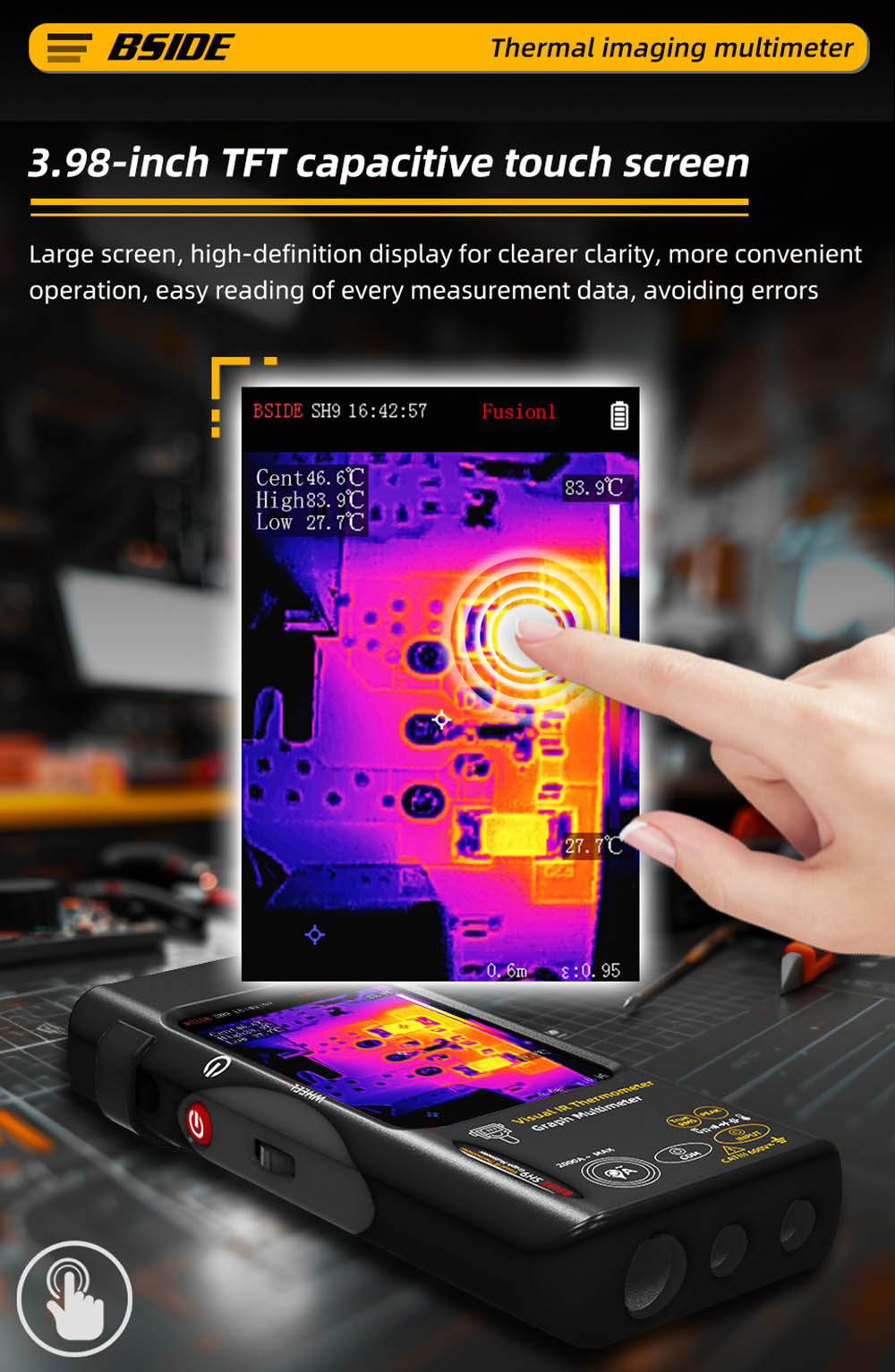 BSIDE SH9 Thermal Imager Multimeter, 320×428 IR Camera, 3.98-inch Touchscreen, Rechargeable 2500mAh Battery, with Macro Lens