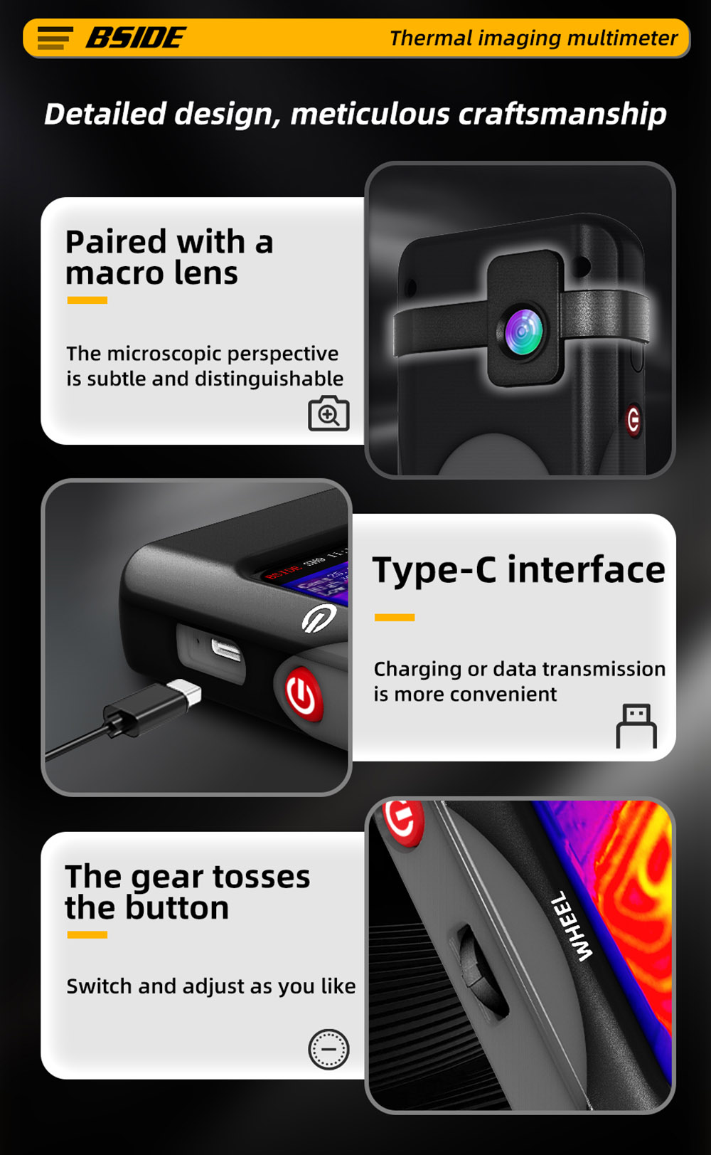 BSIDE SH9 Thermal Imager Multimeter, 320×428 IR Camera, 3.98-inch Touchscreen, Rechargeable 2500mAh Battery, with Macro Lens