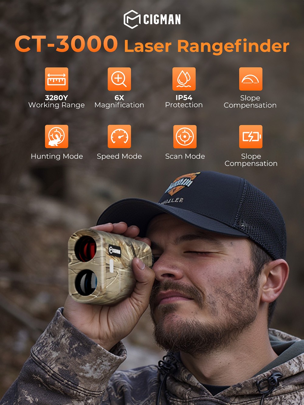 CIGMAN CT-3000 3280 Yards Hunting Rangefinder, 6X Magnification, IP54 Protection, 7 Modes