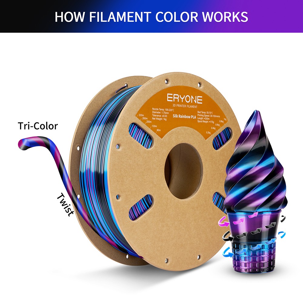 ERYONE Silk Twist Rainbow PLA Filament 1kg - Obsidian (Black&Blue&Purple)