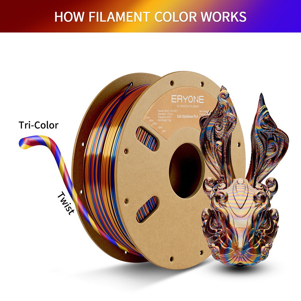 ERYONE Silk Twist Rainbow PLA Filament 1kg - Red&Gold&Blue