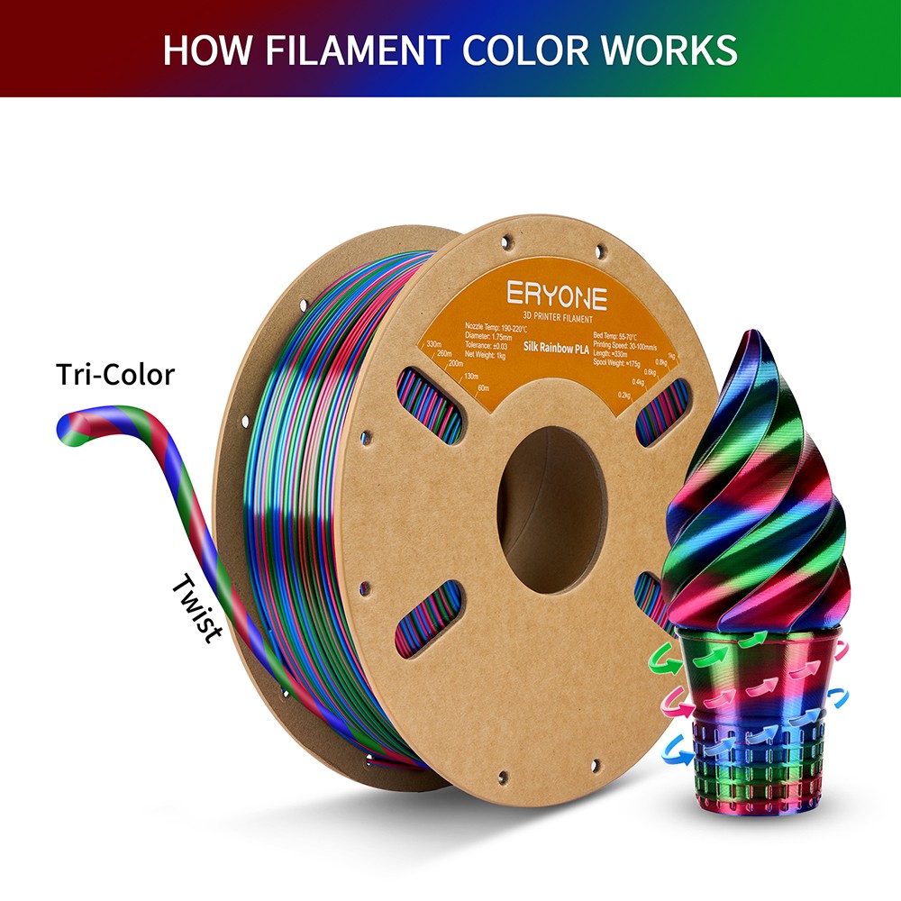 ERYONE Silk Twist Rainbow PLA Filament 1kg - Vortex (Red&Blue&Green)