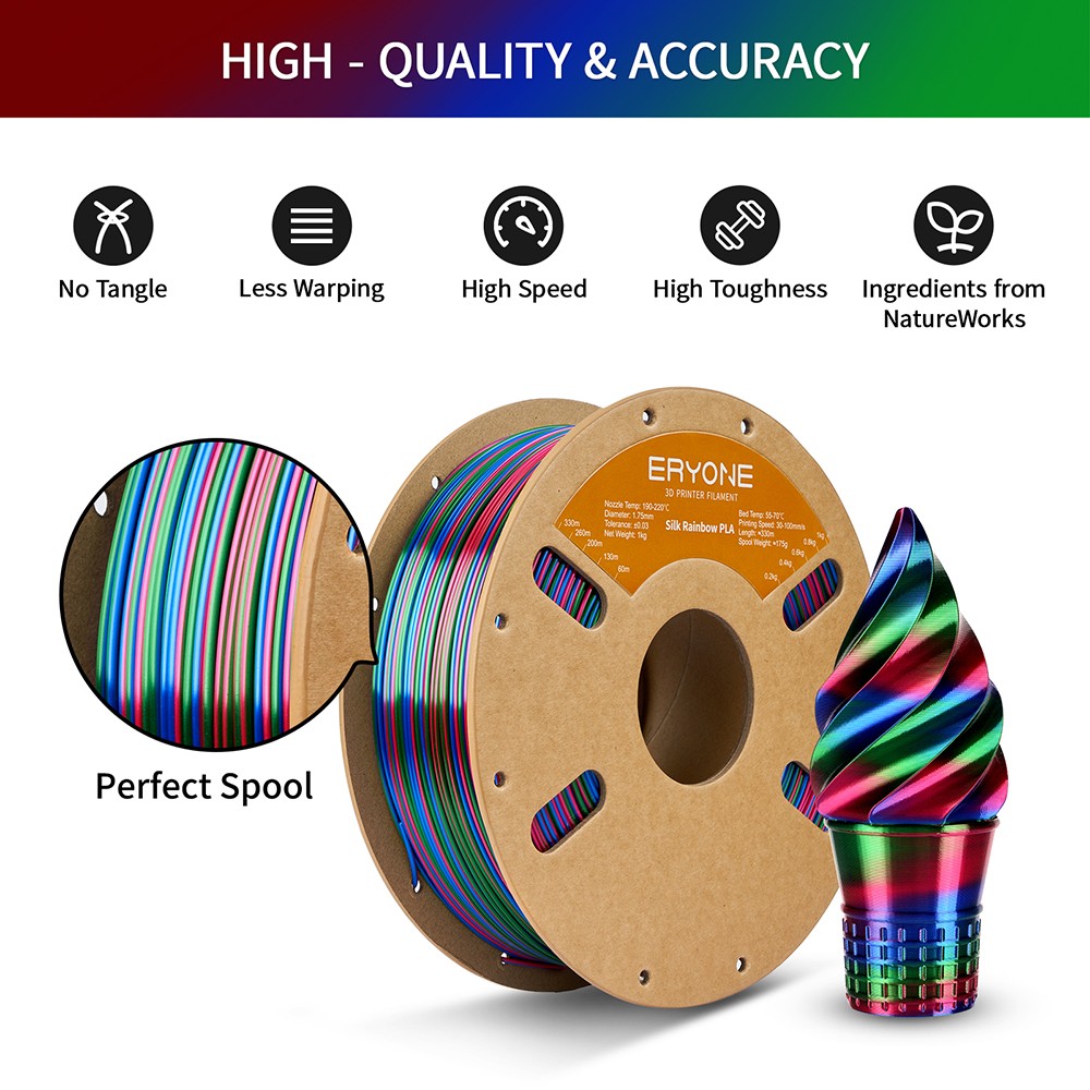 ERYONE Silk Twist Rainbow PLA Filament 1kg - Vortex (Red&Blue&Green)