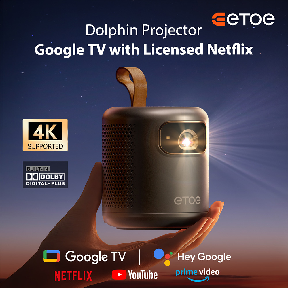 Refurbished ETOE Dolphin 1080P Projector, with Google TV System, 4K UHD Video Decoding, Netflix, YouTube, Prime Video, Immersive Sound, Auto Focus & Keystone, 500 ANSI Lumens, Dual-Band Wi-Fi