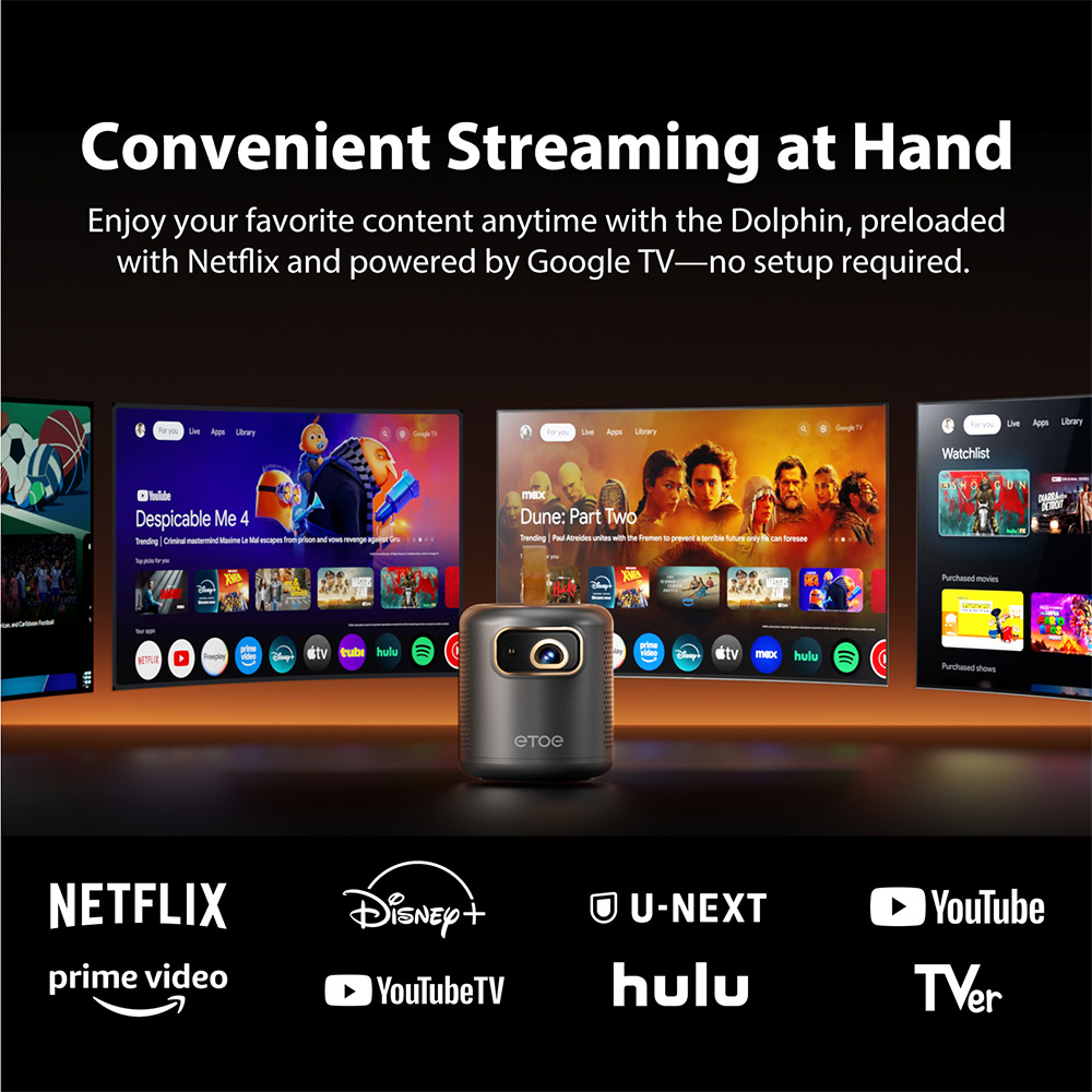 Refurbished ETOE Dolphin 1080P Projector, with Google TV System, 4K UHD Video Decoding, Netflix, YouTube, Prime Video, Immersive Sound, Auto Focus & Keystone, 500 ANSI Lumens, Dual-Band Wi-Fi