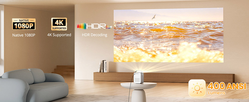 Refurbished ETOE Seal Projector, 400 ANSI Lumens, Google TV, Native 1080P, Auto Focus & Auto Keystone Correction, Google Assistant