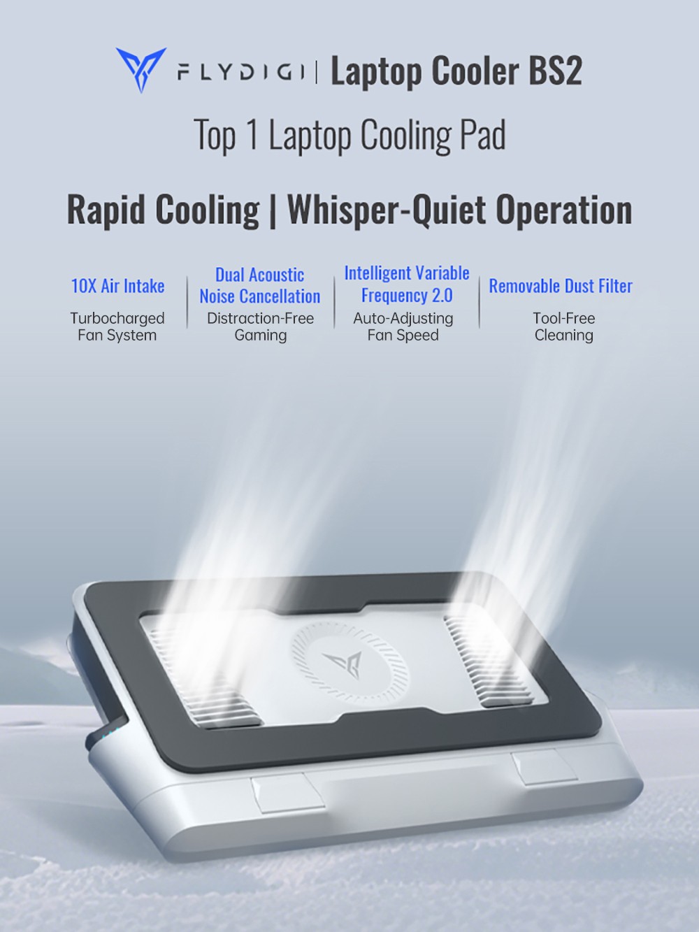 FlyDiGi BS2 Laptop Cooling Pad for Laptops 15.6 inches and Above, 4-angle Adjustable, Intelligent Temperature Control, Dual Noise Reduction