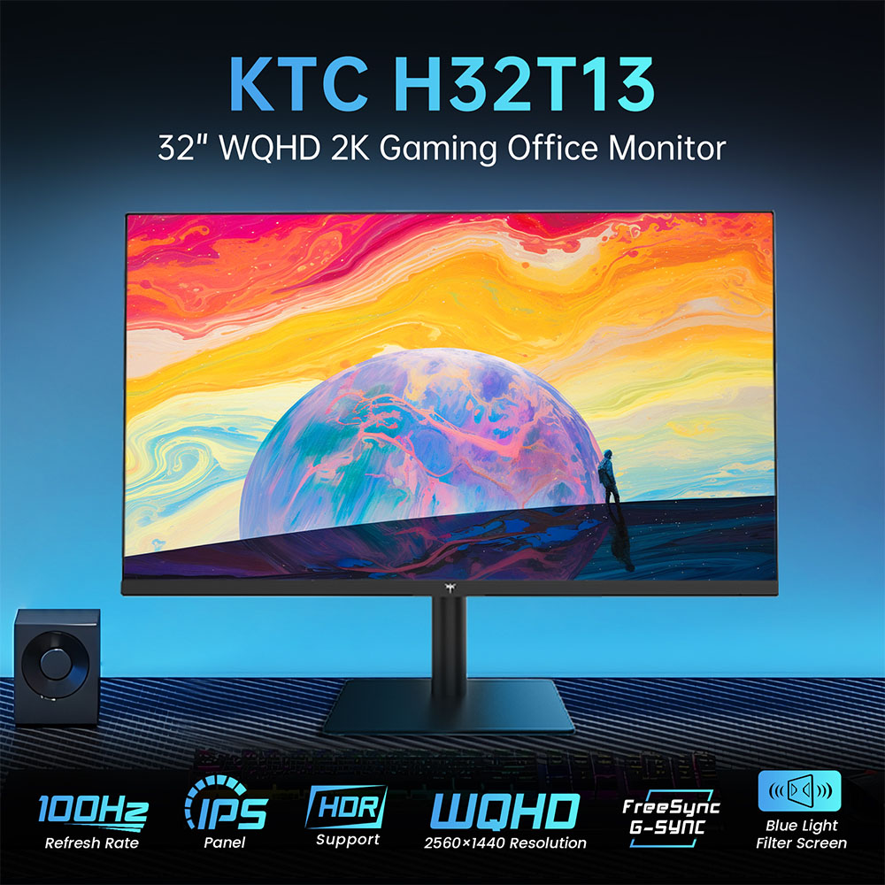 Refurbished KTC H32T13 Gaming Monitor, 32 inch 2560*1440 16:9 IPS Screen, 100Hz Refresh Rate, FreeSync & G-Sync, 1000:1 Contrast Ratio, Low Blue Light & Flicker Free, 2*HDMI 2.0, 1*DP1.4, 1*Earphone Jack, VESA Mount