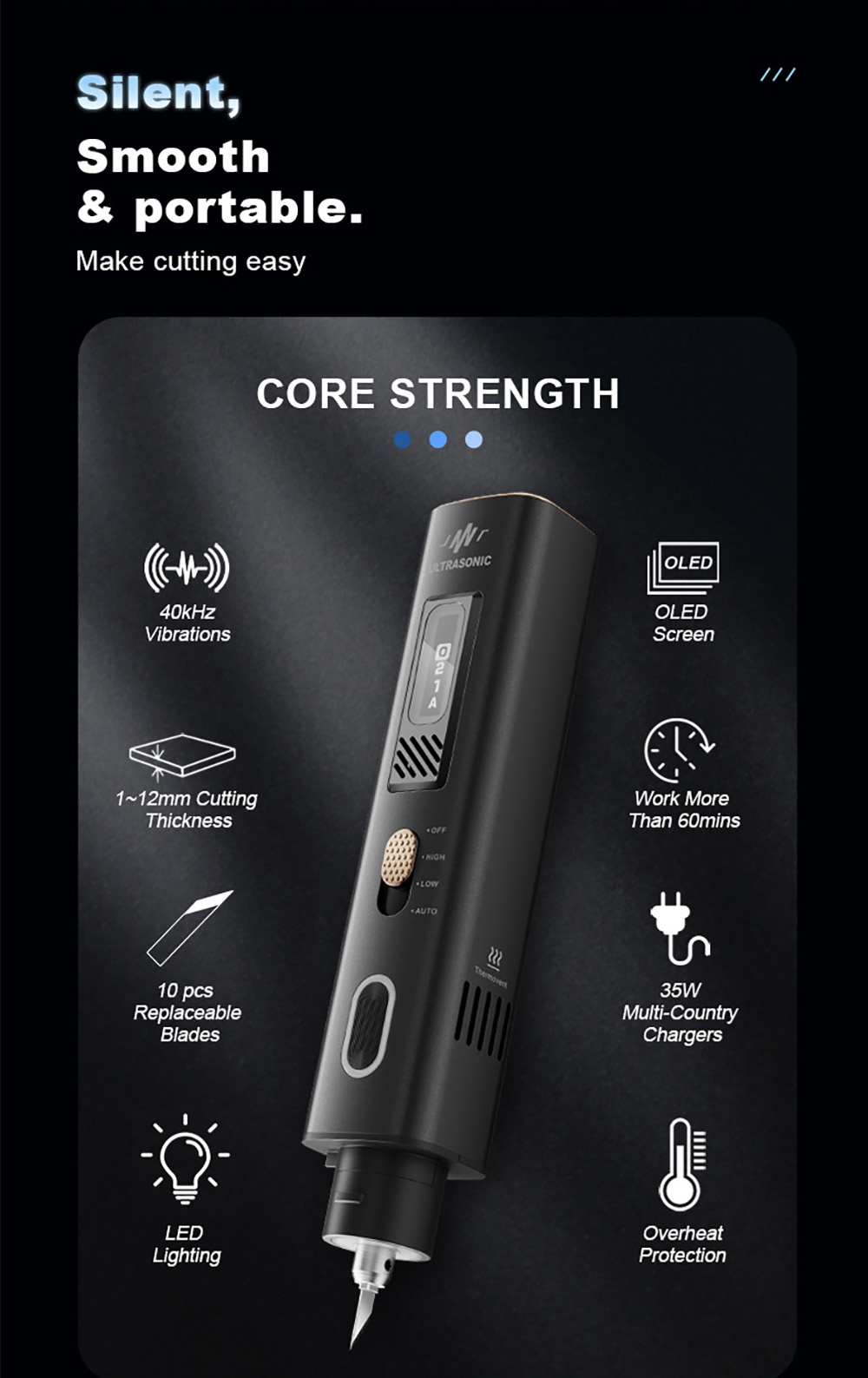 Jakemy JM-Y10 2-in-1 Ultrasonic Cutter & Polisher, 35W 40kHz, OLED Display, for DIY/Medical/Industrial, Model Prototyping & Deburring