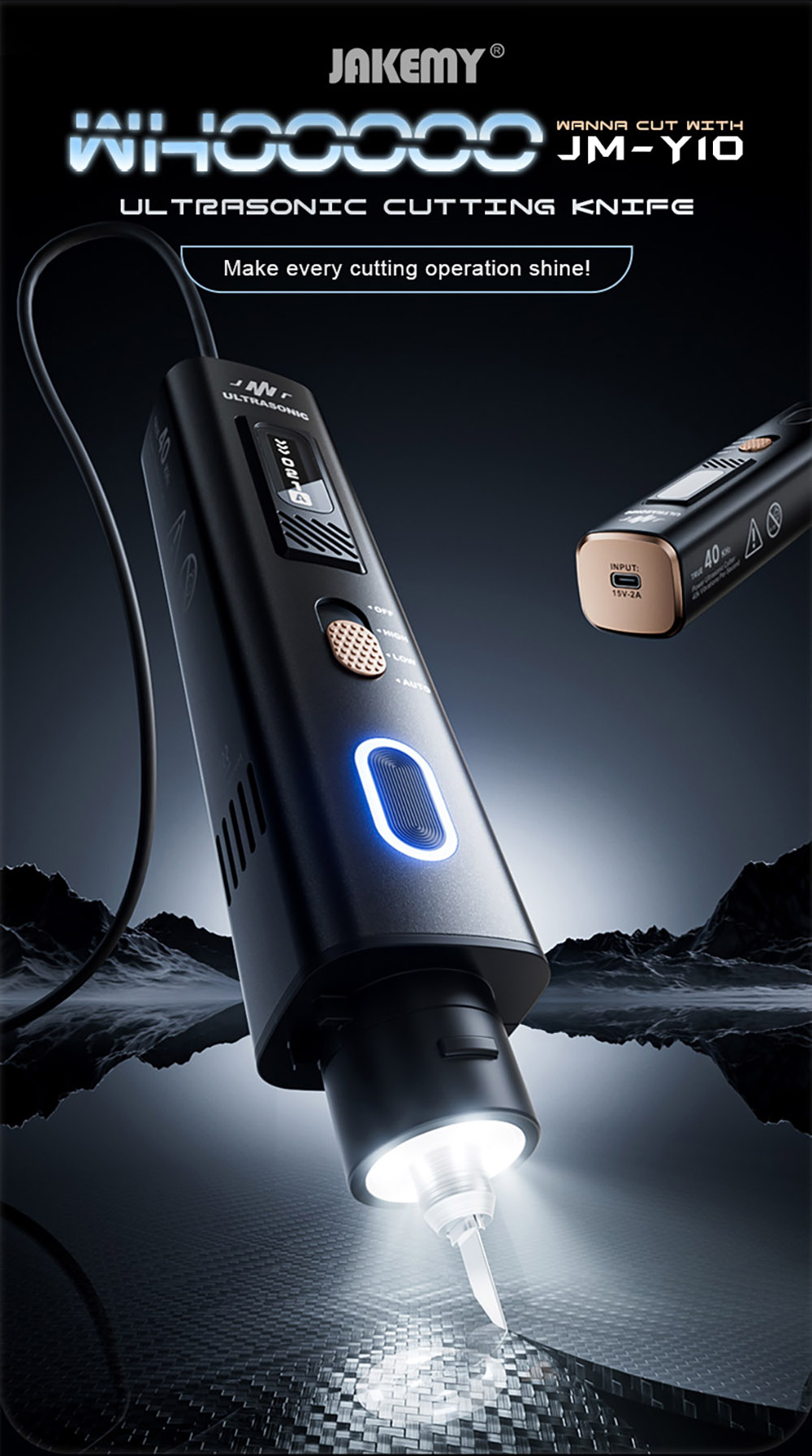 Jakemy JM-Y10 Pro 2-in-1 Ultrasonic Cutter & Polisher, 35W 40kHz, OLED Display, for DIY/Medical/Industrial, Model Prototyping & Deburring