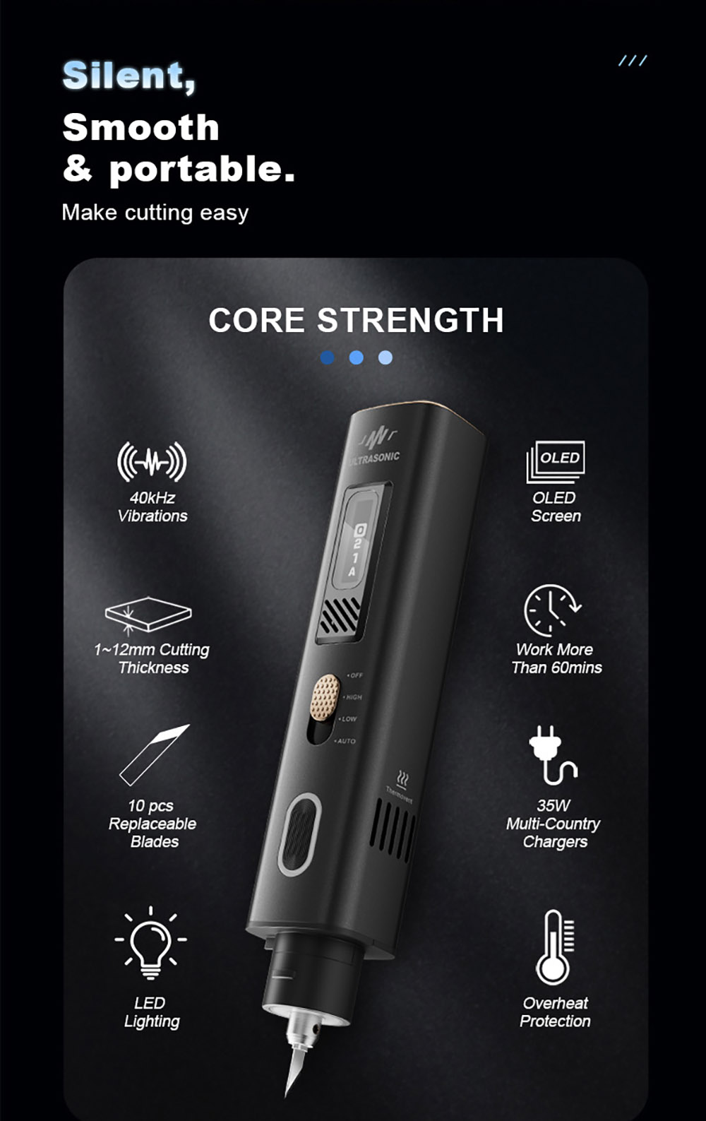 Jakemy JM-Y10 Pro 2-in-1 Ultrasonic Cutter & Polisher, 35W 40kHz, OLED Display, for DIY/Medical/Industrial, Model Prototyping & Deburring