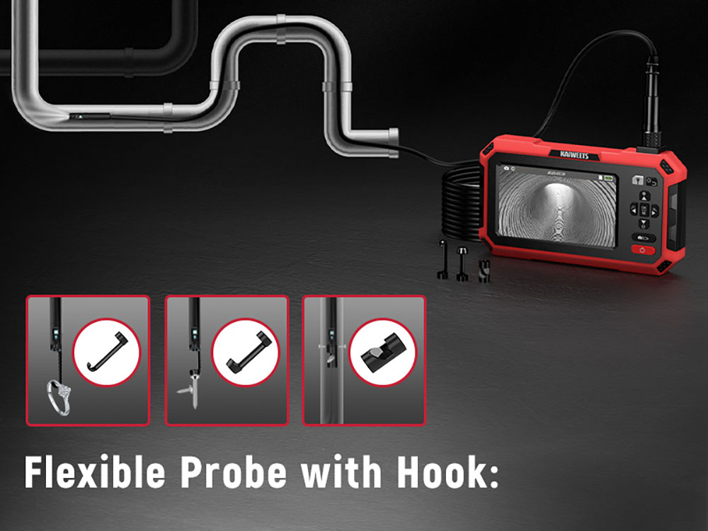 KAIWEETS KBC01 Inspection Camera, Dual Lens Endoscope, 1920P 5" IPS Split-Screen, IP67 Waterproof, 16.5ft Cable, LED Light