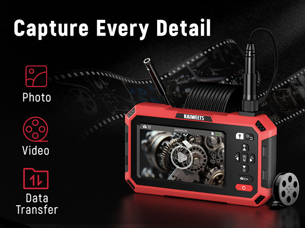 KAIWEETS KBC01 Inspection Camera, Dual Lens Endoscope, 1920P 5" IPS Split-Screen, IP67 Waterproof, 16.5ft Cable, LED Light