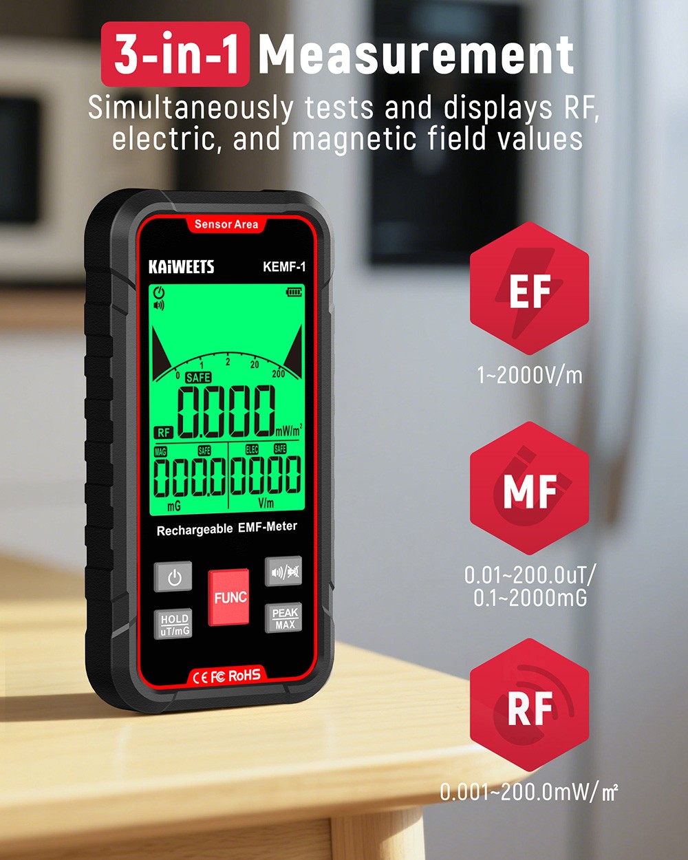 KAIWEETS KEMF-1 EMF Radiation Detector, EF/MF/RF Data, LED Display, Type-C Charging Port