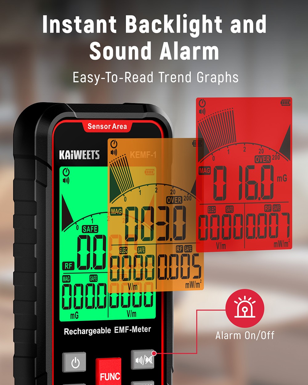 KAIWEETS KEMF-1 EMF Radiation Detector, EF/MF/RF Data, LED Display, Type-C Charging Port