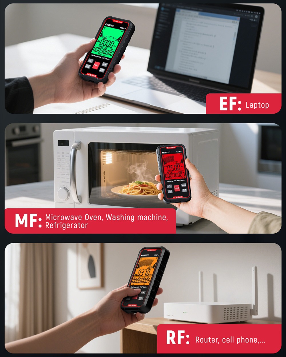 KAIWEETS KEMF-1 EMF Radiation Detector, EF/MF/RF Data, LED Display, Type-C Charging Port