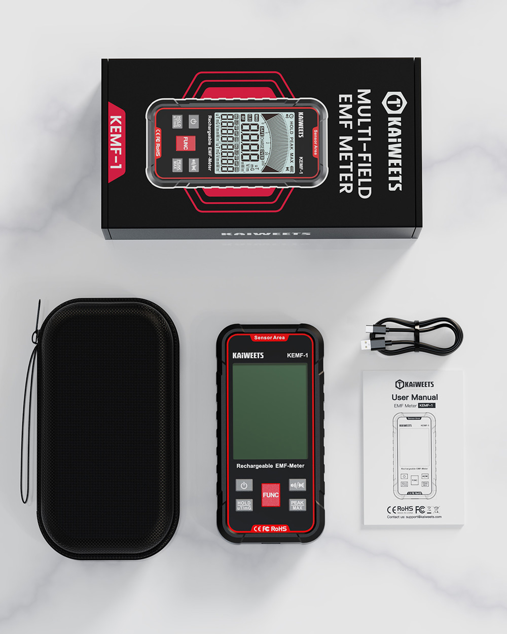 KAIWEETS KEMF-1 EMF Radiation Detector, EF/MF/RF Data, LED Display, Type-C Charging Port