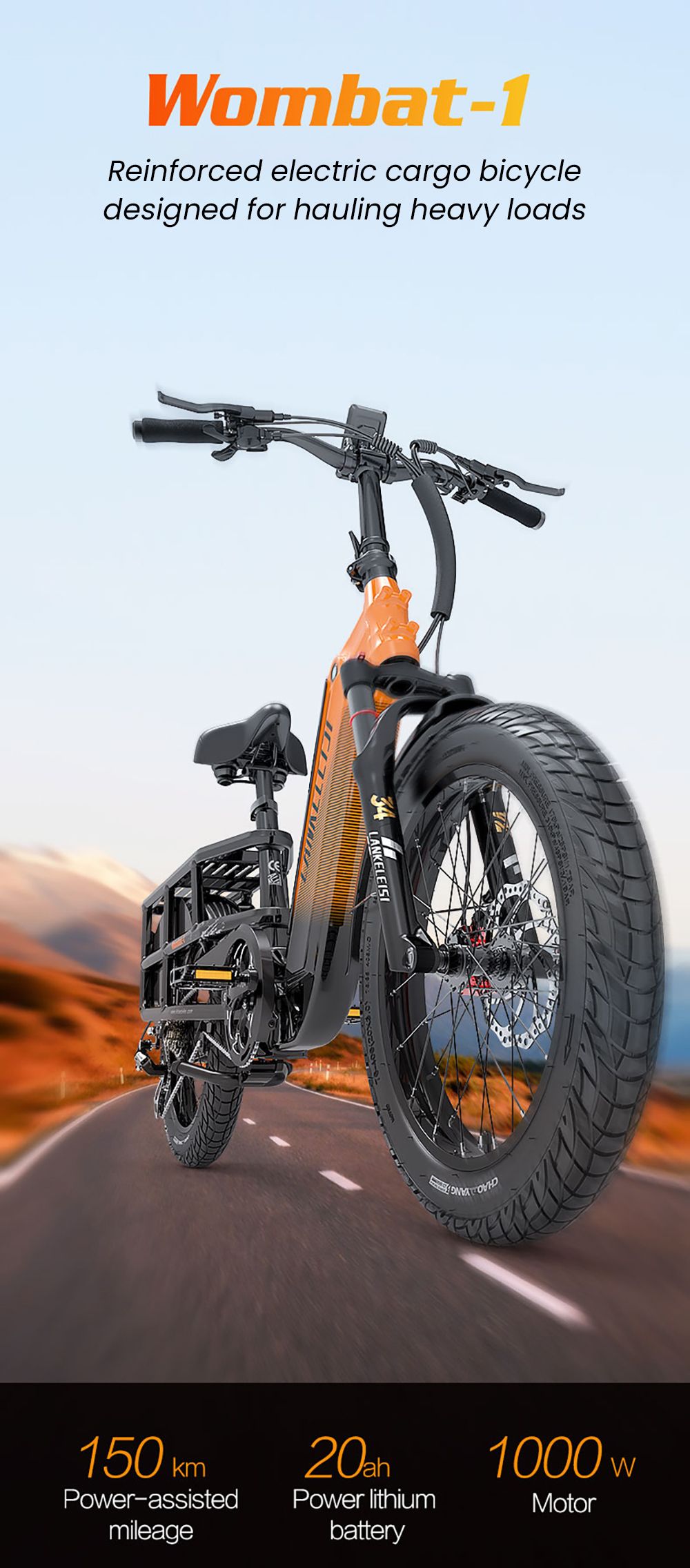 LANKELEISI Wombat-1 Cargo-Elektrofahrrad, 1000-W-Motor, 48-V-20-Ah-Akku, 20 x 3,0-Zoll-Reifen, 46 km/h Höchstgeschwindigkeit, 150 km Reichweite, hydraulische Scheibenbremse, Vorderradfederung mit Ölfeder, Shimano 7-Gang-Schaltung – Grau