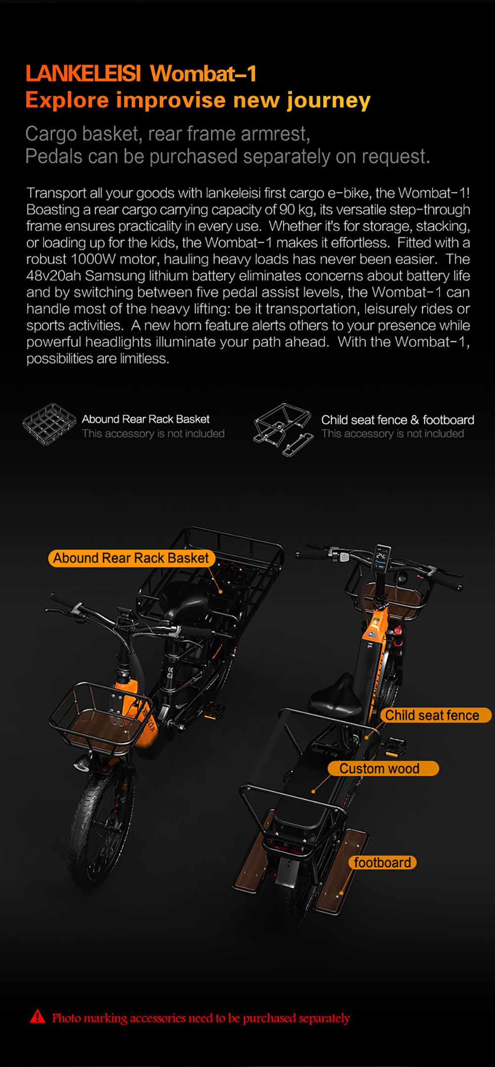 LANKELEISI Wombat-1 Cargo-Elektrofahrrad, 1000-W-Motor, 48-V-20-Ah-Akku, 20 x 3,0-Zoll-Reifen, 46 km/h Höchstgeschwindigkeit, 150 km Reichweite, hydraulische Scheibenbremse, Vorderradfederung mit Ölfeder, Shimano 7-Gang-Schaltung – Grau
