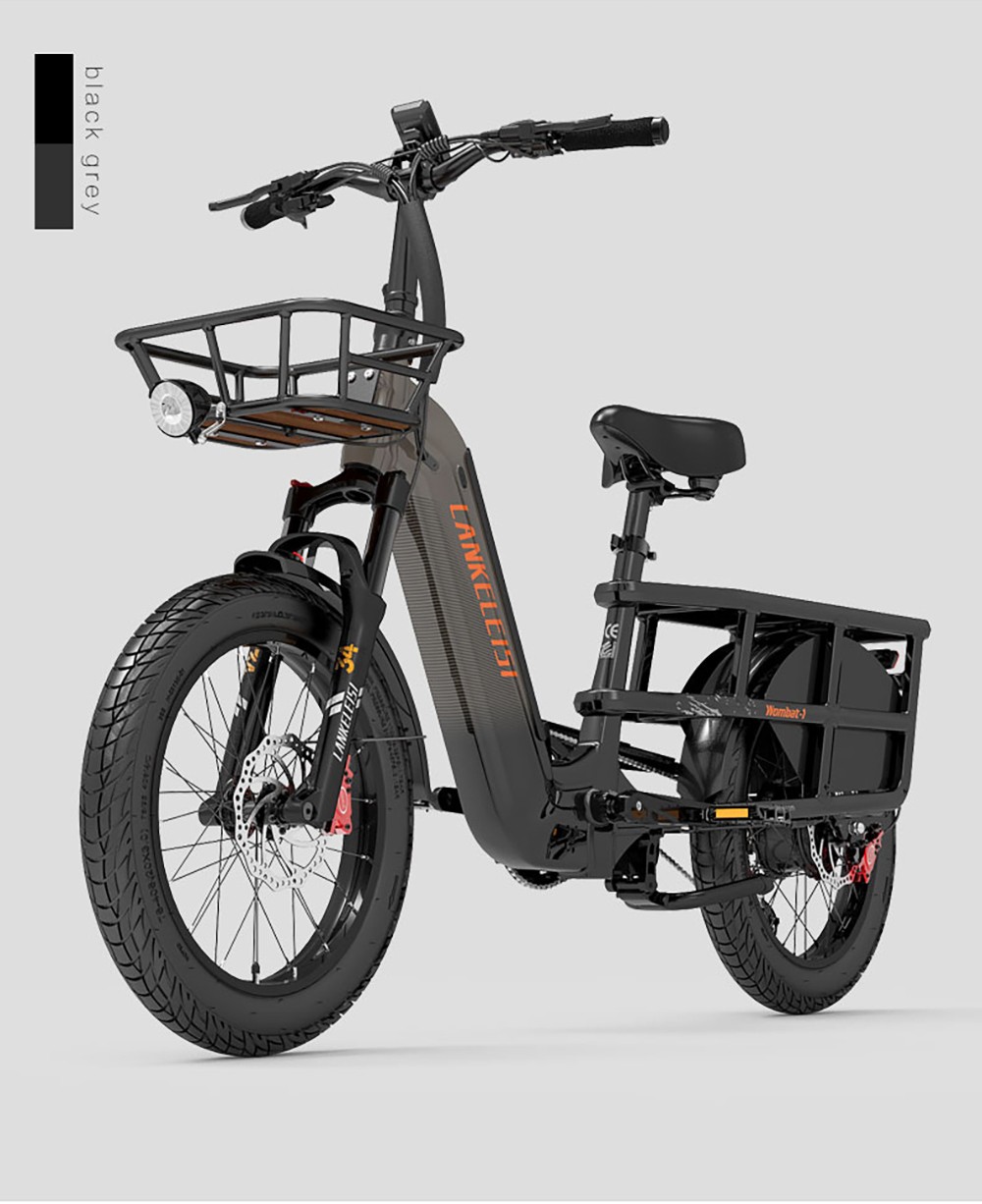 LANKELEISI Wombat-1 Cargo-Elektrofahrrad, 1000-W-Motor, 48-V-20-Ah-Akku, 20 x 3,0-Zoll-Reifen, 46 km/h Höchstgeschwindigkeit, 150 km Reichweite, hydraulische Scheibenbremse, Vorderradfederung mit Ölfeder, Shimano 7-Gang-Schaltung – Grau