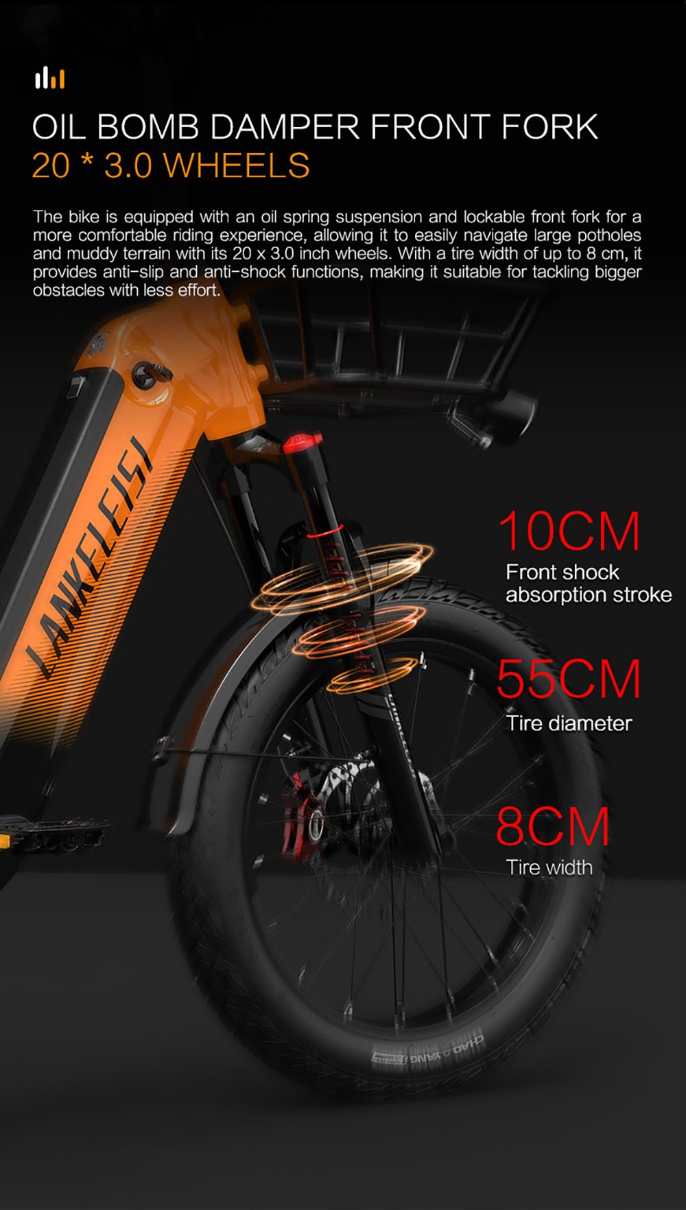 LANKELEISI Wombat-1 Cargo-Elektrofahrrad, 1000-W-Motor, 48-V-20-Ah-Akku, 20 x 3,0-Zoll-Reifen, 46 km/h Höchstgeschwindigkeit, 150 km Reichweite, hydraulische Scheibenbremse, Vorderradfederung mit Ölfeder, Shimano 7-Gang-Schaltung – Orange