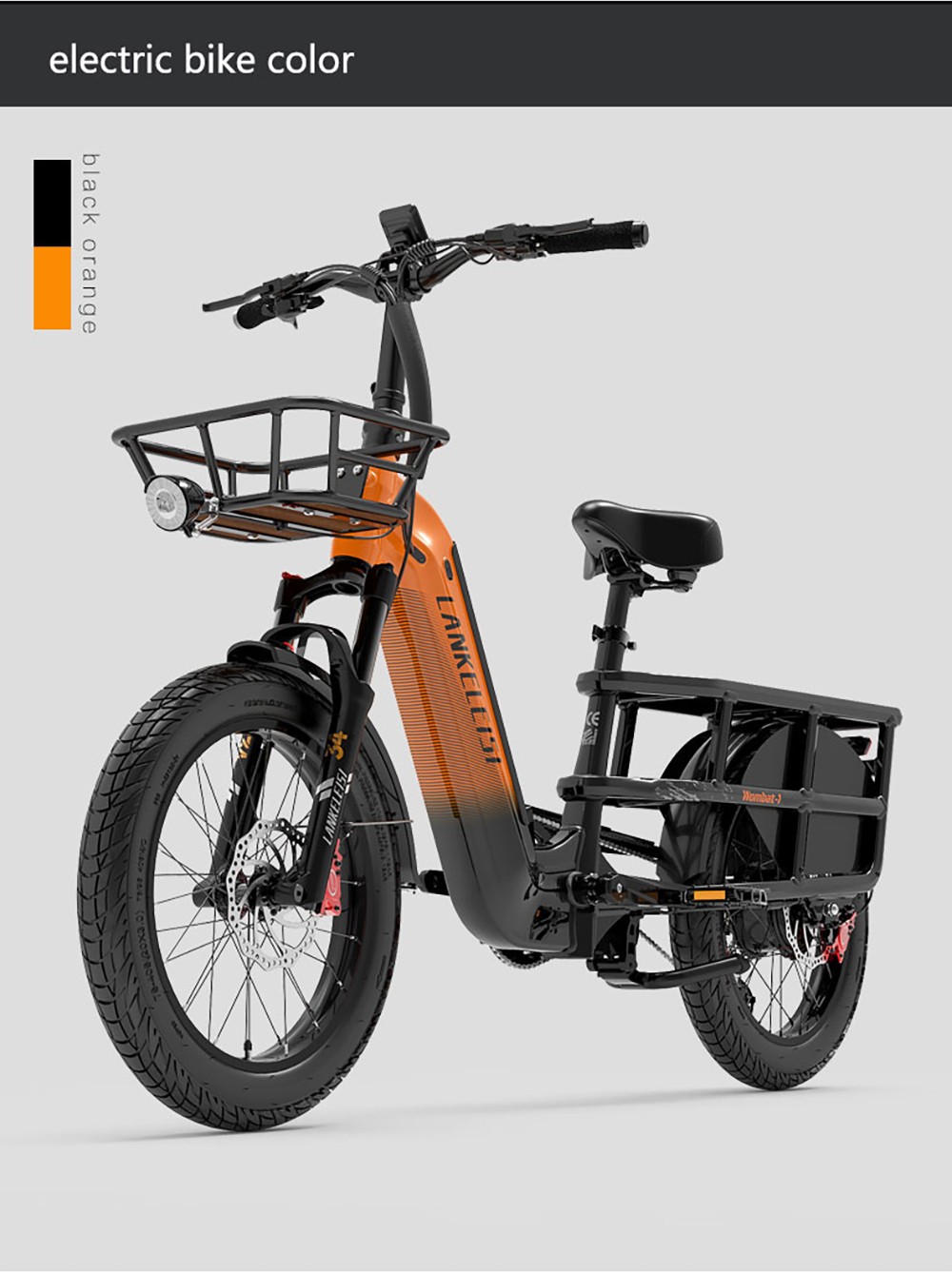 LANKELEISI Wombat-1 Cargo-Elektrofahrrad, 1000-W-Motor, 48-V-20-Ah-Akku, 20 x 3,0-Zoll-Reifen, 46 km/h Höchstgeschwindigkeit, 150 km Reichweite, hydraulische Scheibenbremse, Vorderradfederung mit Ölfeder, Shimano 7-Gang-Schaltung – Orange