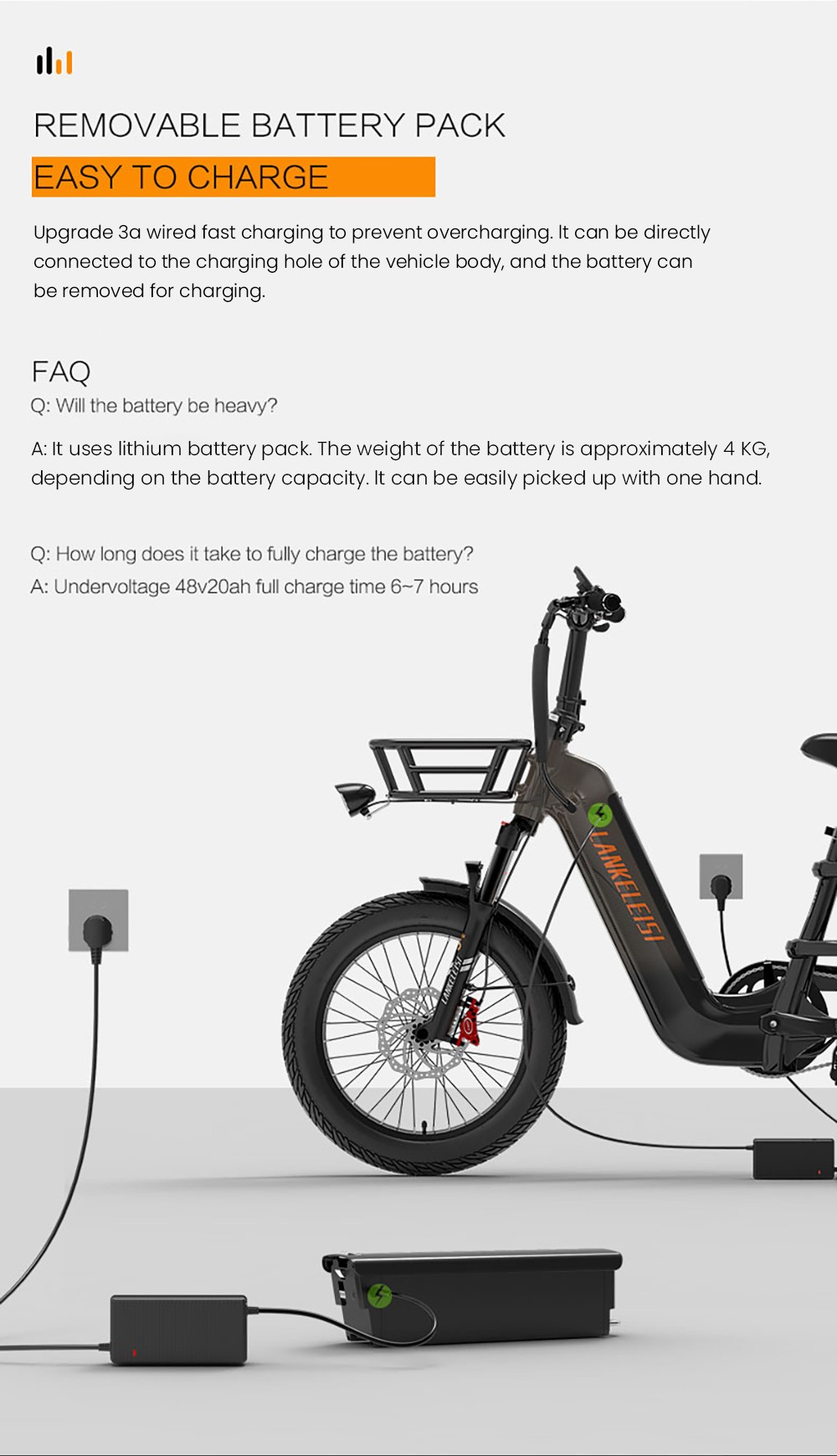 LANKELEISI Wombat-1 Cargo-Elektrofahrrad, 1000-W-Motor, 48-V-20-Ah-Akku, 20 x 3,0-Zoll-Reifen, 46 km/h Höchstgeschwindigkeit, 150 km Reichweite, hydraulische Scheibenbremse, Vorderradfederung mit Ölfeder, Shimano 7-Gang-Schaltung – Orange