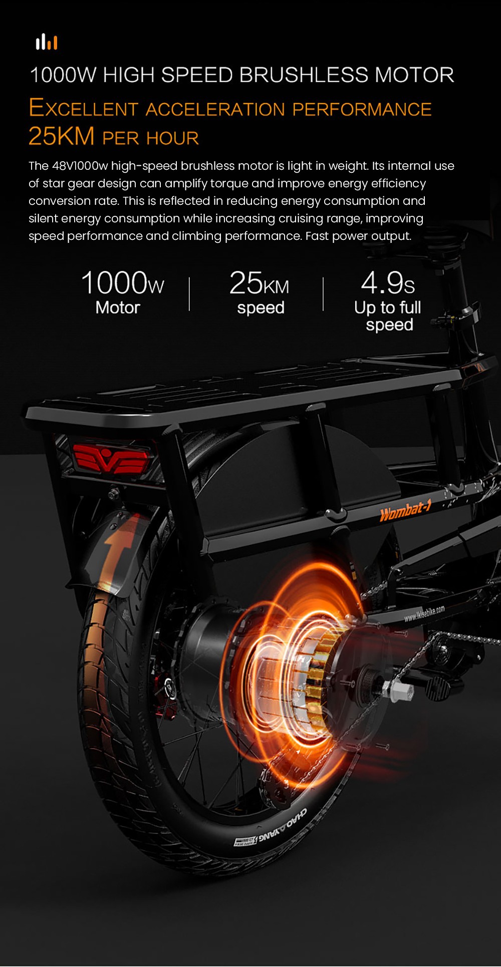 LANKELEISI Wombat-1 Cargo-Elektrofahrrad, 1000-W-Motor, 48-V-20-Ah-Akku, 20 x 3,0-Zoll-Reifen, 46 km/h Höchstgeschwindigkeit, 150 km Reichweite, hydraulische Scheibenbremse, Vorderradfederung mit Ölfeder, Shimano 7-Gang-Schaltung – Orange