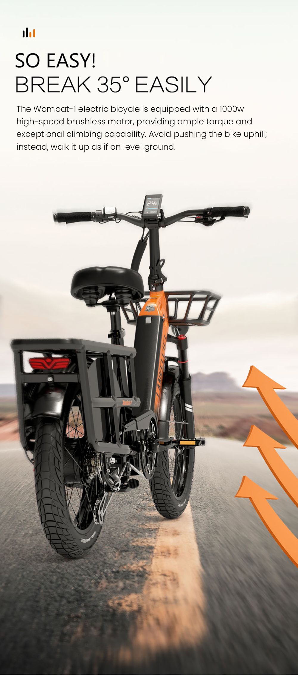LANKELEISI Wombat-1 Cargo-Elektrofahrrad, 1000-W-Motor, 48-V-20-Ah-Akku, 20 x 3,0-Zoll-Reifen, 46 km/h Höchstgeschwindigkeit, 150 km Reichweite, hydraulische Scheibenbremse, Vorderradfederung mit Ölfeder, Shimano 7-Gang-Schaltung – Orange
