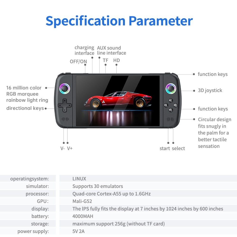 M27 Handheld Game Console, 256GB TF Card, 7 inch IPS Screen, RGB Light, 30+ Simulator, Original 3D Rocker