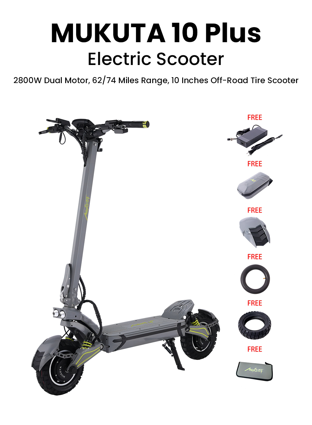 Mukuta 10 Plus Electric Scooter, 1400W*2 Motor, 60V 20.8Ah Battery, 10 inch Tires, 46mph Max Speed, 62 miles Range, Dual Hydraulic Brakes, Quadruple Spring Suspension, LCD Display