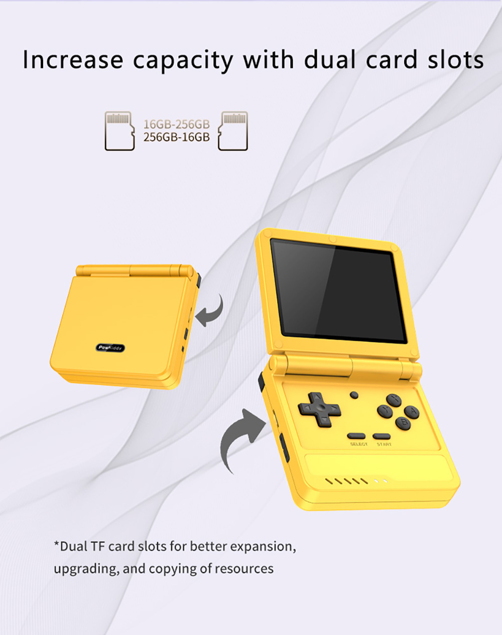 Powkiddy V90S Flip Handheld Game Console, Open Source Linux, 3.5 inch 640*480 IPS Screen, 128GB TF Card, Built-in Cavity Speaker, 6 Hours of Playtime, 20+ Simulators - Yellow