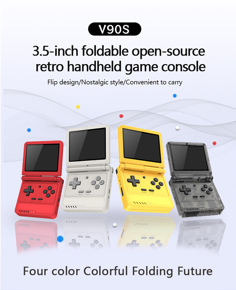 Powkiddy V90S Flip Handheld Game Console, Open Source Linux, 3.5 inch 640*480 IPS Screen, 64GB TF Card, Built-in Cavity Speaker, 6 Hours of Playtime, 20+ Simulators - Red
